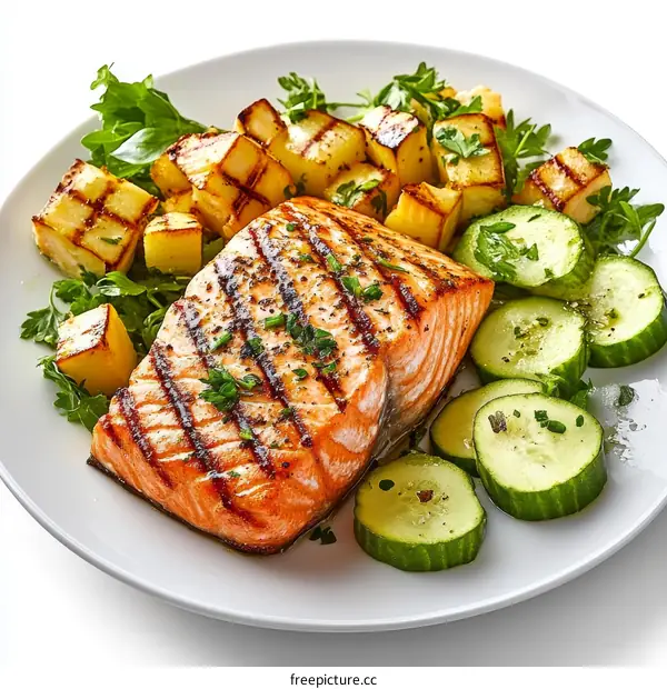 Grilled Salmon with Roasted Potatoes and Cucumbers