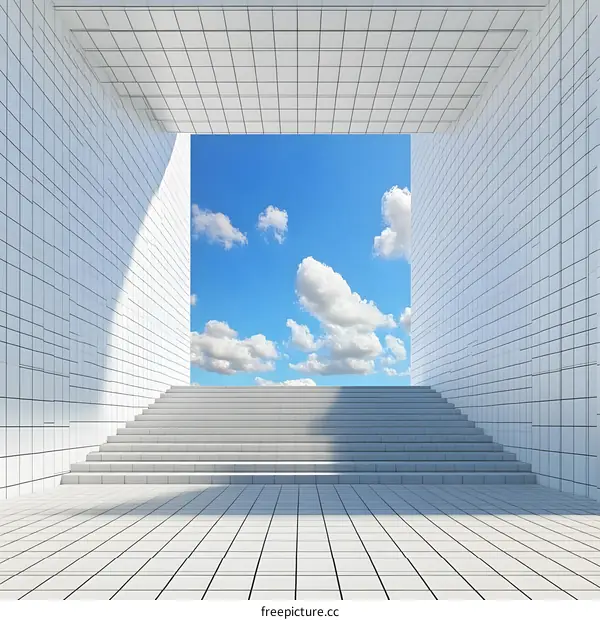White Stairway Leading to a Blue Sky with Clouds