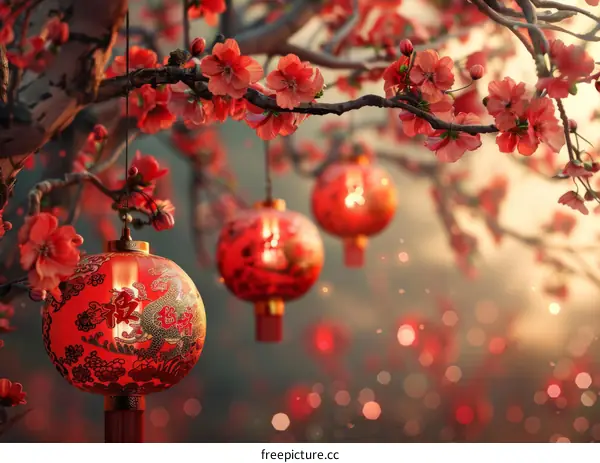 Chinese New Year Celebration with Red Lanterns and Cherry Blossoms