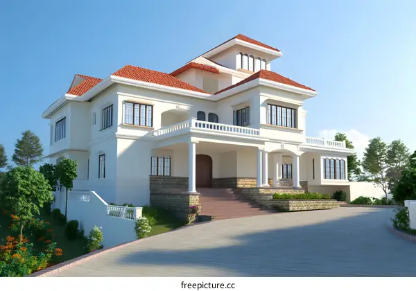 Beautiful House With A Red Tile Roof and White Walls