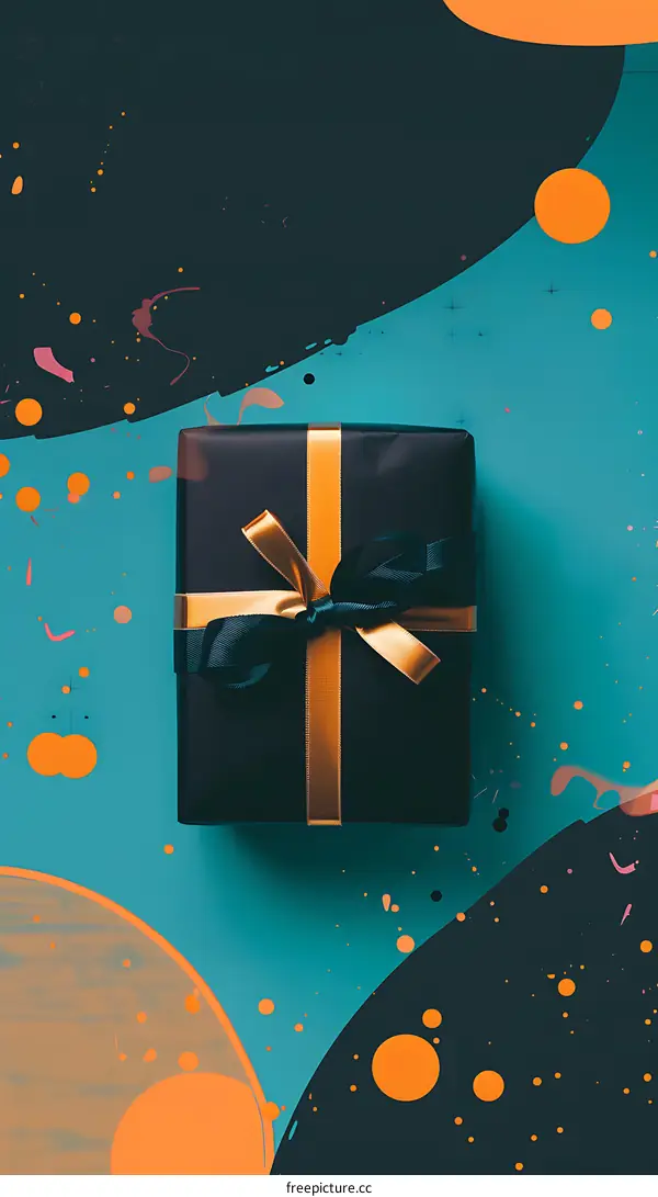 Black Gift Box with Gold Ribbon on Blue Background