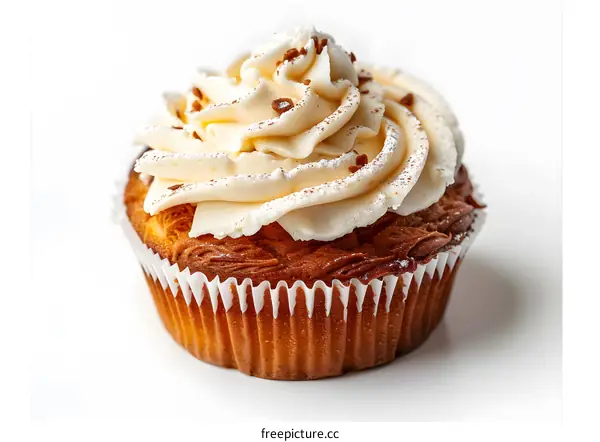 Delicious cupcake with white frosting on white background