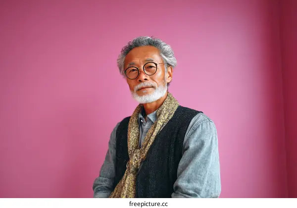 Portrait of a Senior Asian Man Against a Pink Background