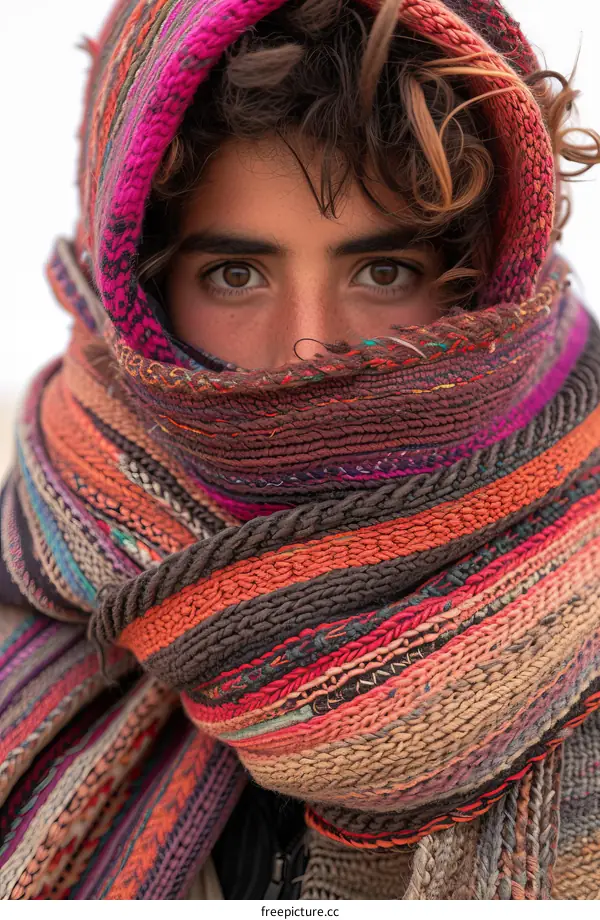 Portrait of a young woman wearing a colorful scarf