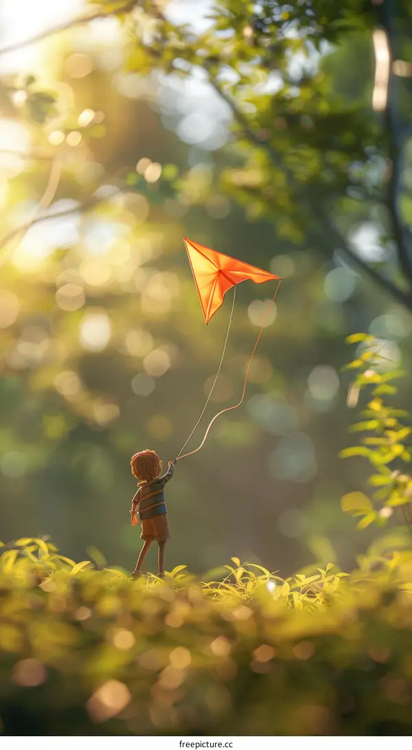 Little Boy Flying a Kite in the Forest
