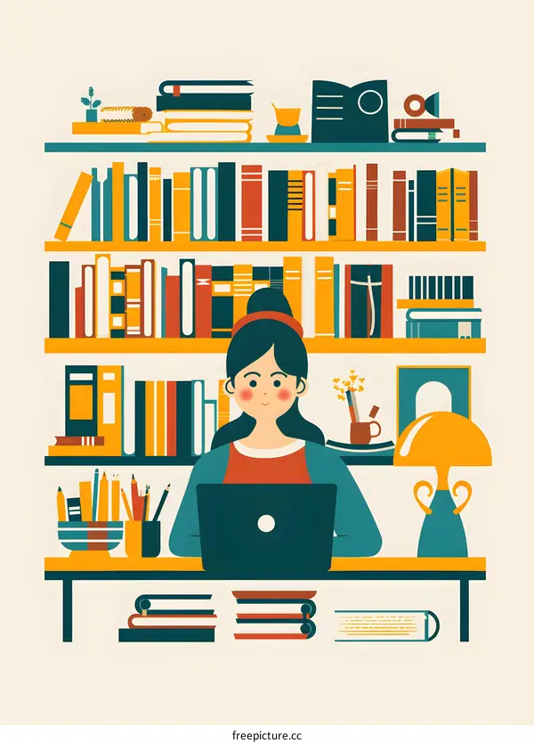 Woman Working on Laptop in Home Office With Bookshelves