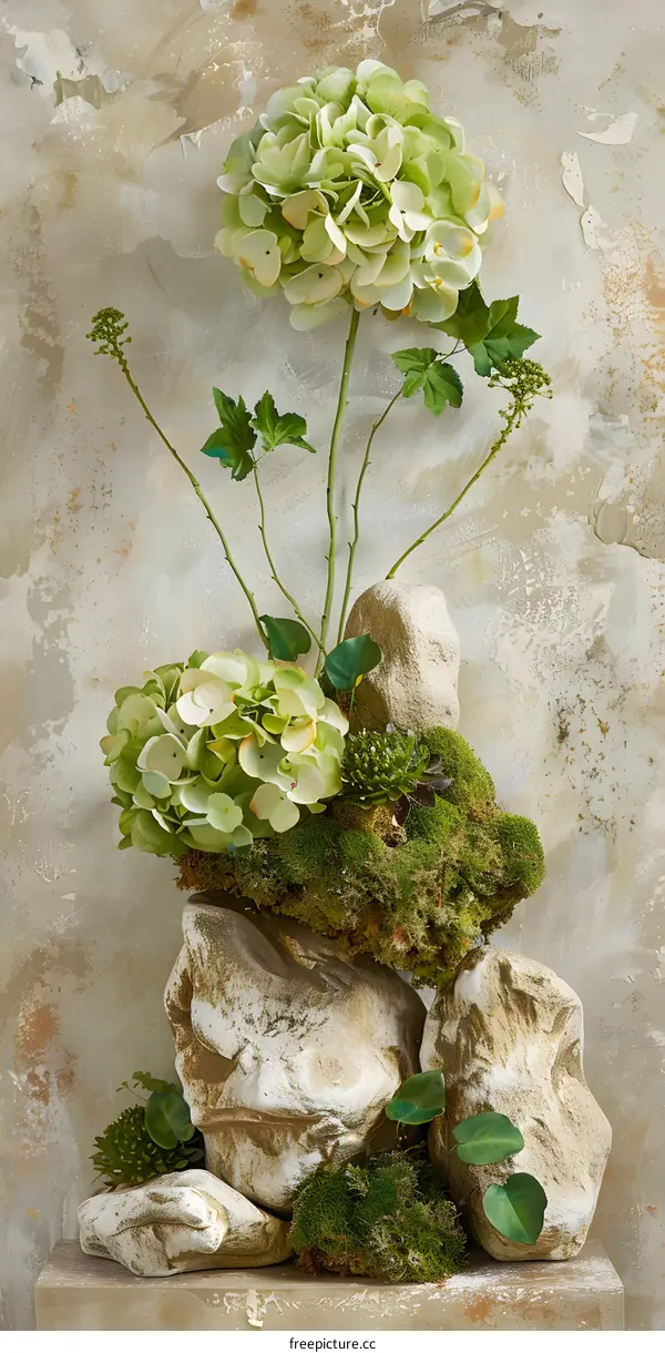 Green Hydrangea Flowers And Moss With Stones