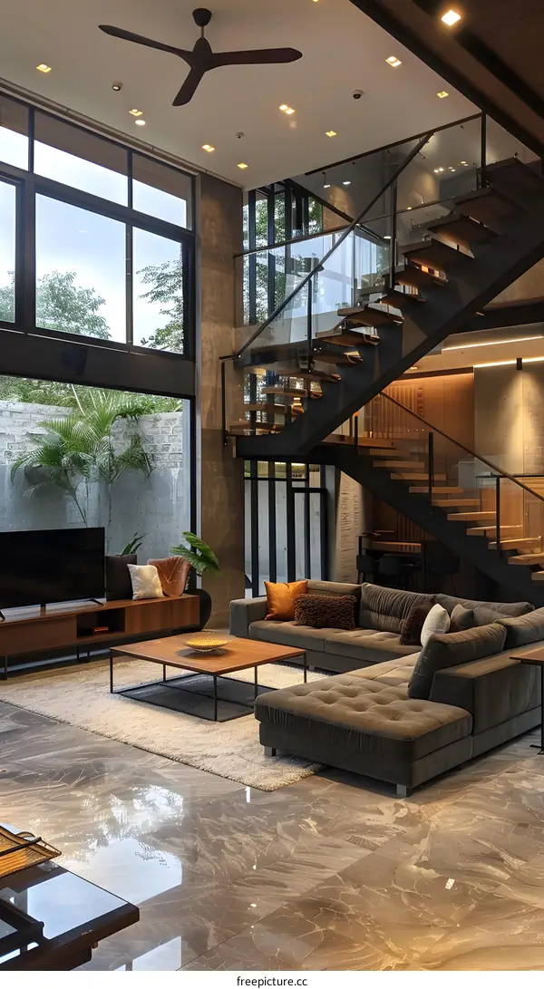 Modern Interior Design with Grey Marble Flooring and a Glass Staircase