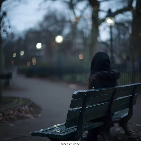 Lonely Silhouette of a Person on a Bench in the Park at Dusk
