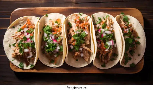 A plate of five tacos with pork, salsa, and cilantro