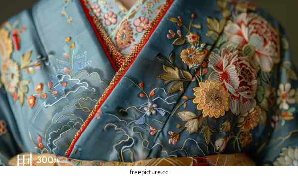 A close-up of a kimono with intricate embroidery