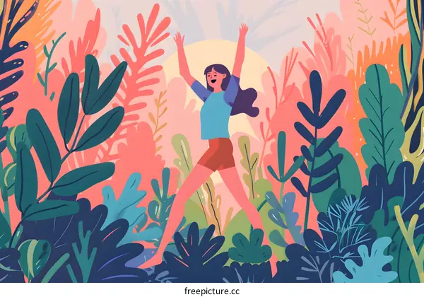Happy Woman Jumping Through Colorful Floral Forest Illustration