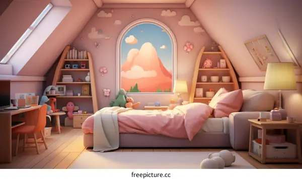 Cozy pink bedroom in the attic with a large window