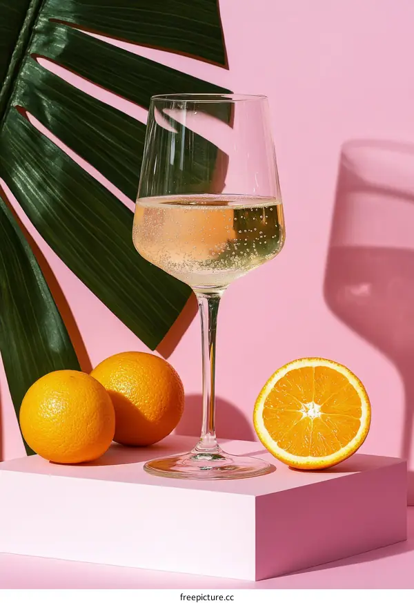 Pink Aesthetic  Summer Refreshment with Wine Glass and Oranges
