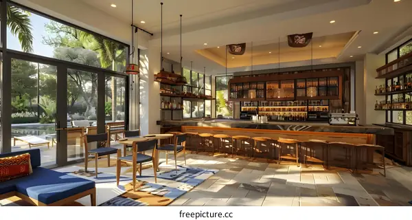 Modern bar interior with large windows and wooden bar counter