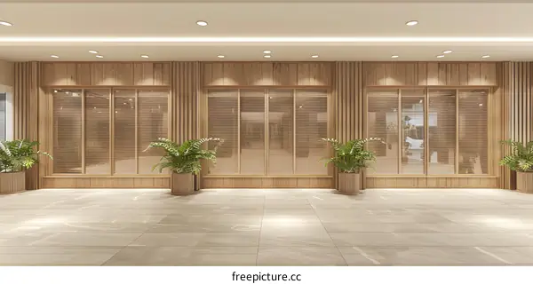 Minimalist Wooden Entrance with Blinds and Potted Plants