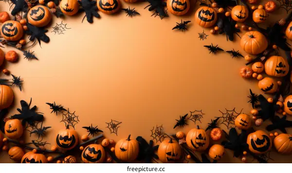 A spooky Halloween background with bats, pumpkins, and spider webs