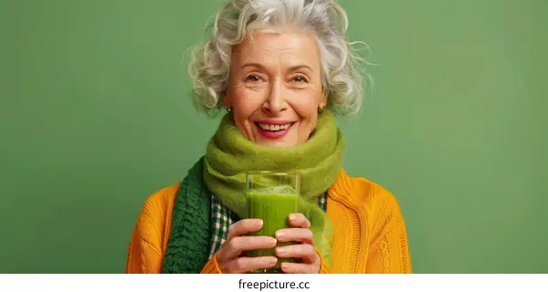 A smiling elderly woman holding a glass of green smoothie