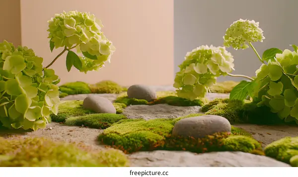 Green Hydrangea Flowers and Stones on Moss Background