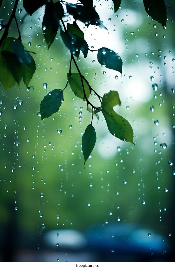 Raindrops on a window with green leaves in the foreground