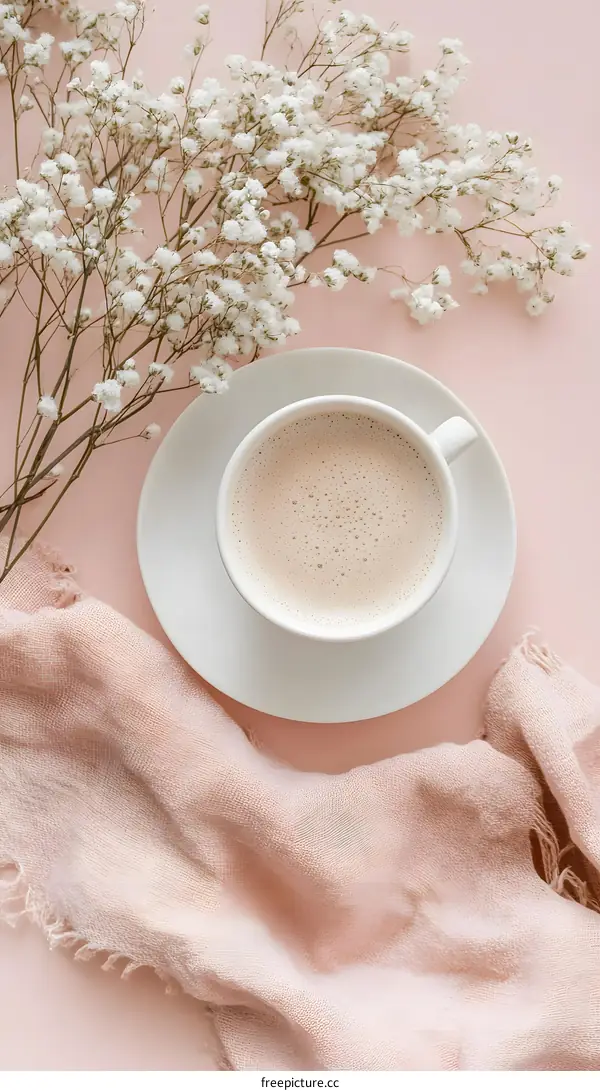Flat Lay Coffee Cup with Flowers and Fabric