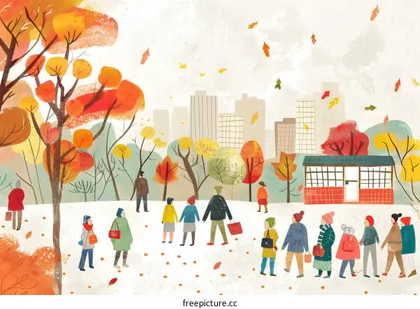 Autumn City Park Illustration with People