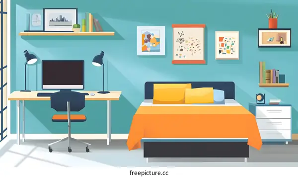 Modern Bedroom With Blue Walls and Desk