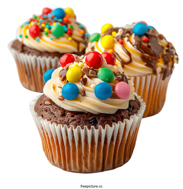 [Transparent Background PNG]Three chocolate cupcakes decorated with colorful sprinkles and frosting