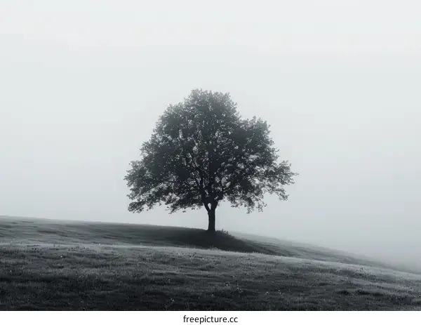A Solitary Tree Stands in the Fog