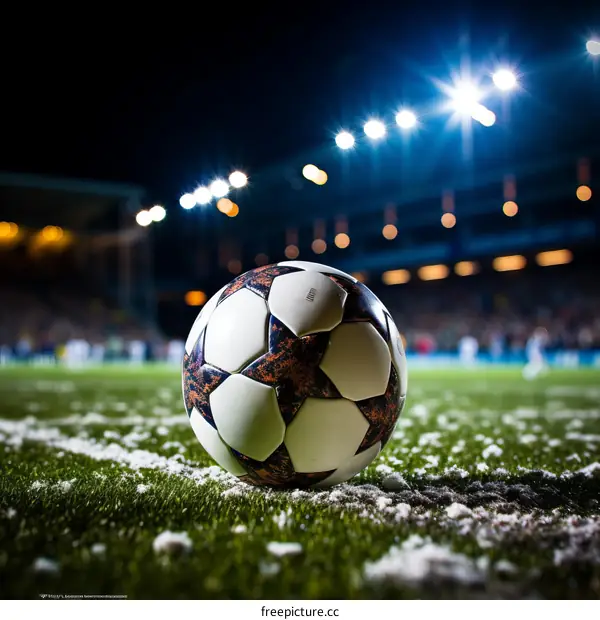A soccer ball on a snowy field at night