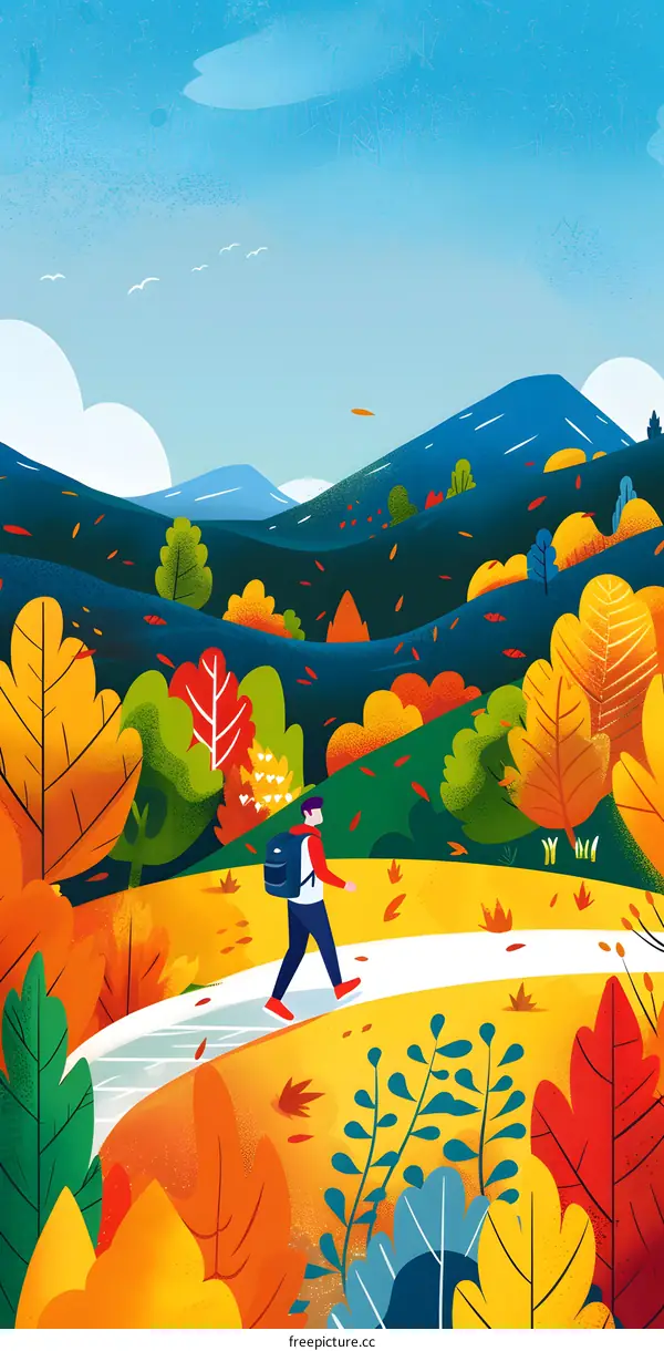 Autumn Illustration of Man Hiking in Mountains