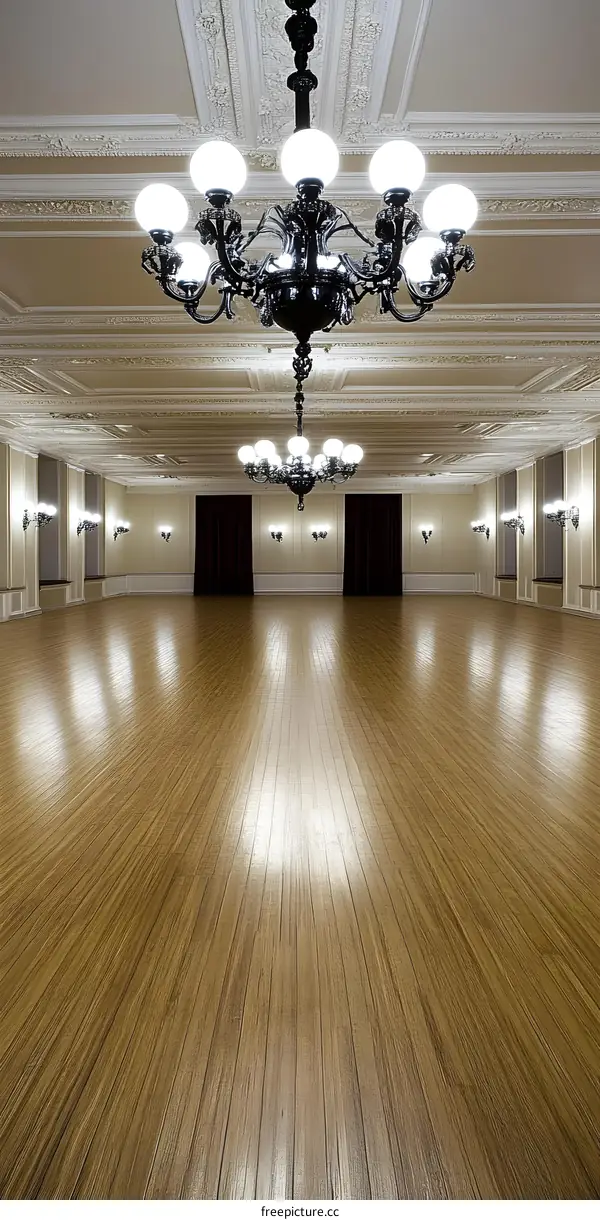 Large Empty Ballroom with Chandelier and Wooden Floor
