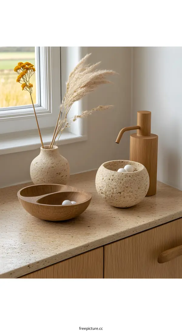 Wooden Bowls and Vase on a Kitchen Countertop