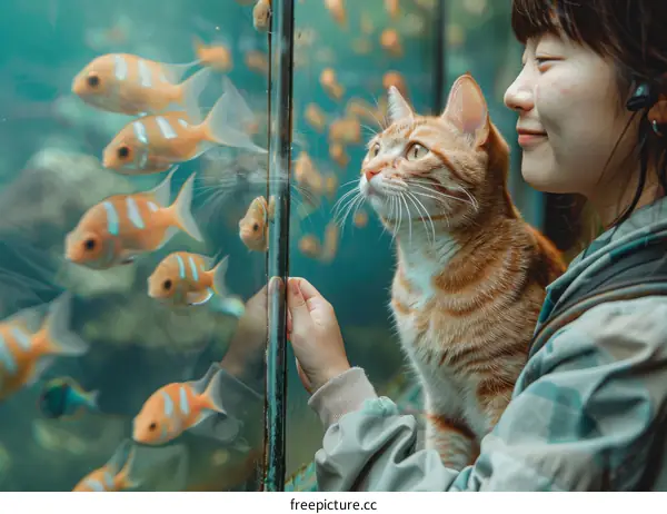 A ginger cat looking at fishes in an aquarium with a girl