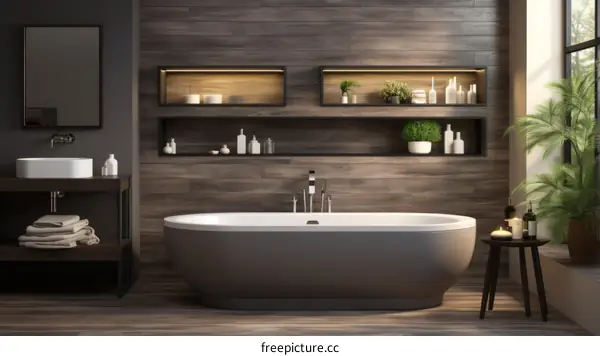 Bathroom interior with dark wood walls and gray bathtub