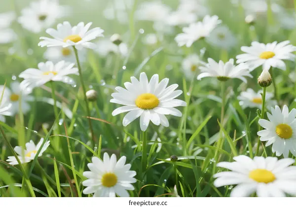 A field of white daisies with yellow centers in bright sunlight