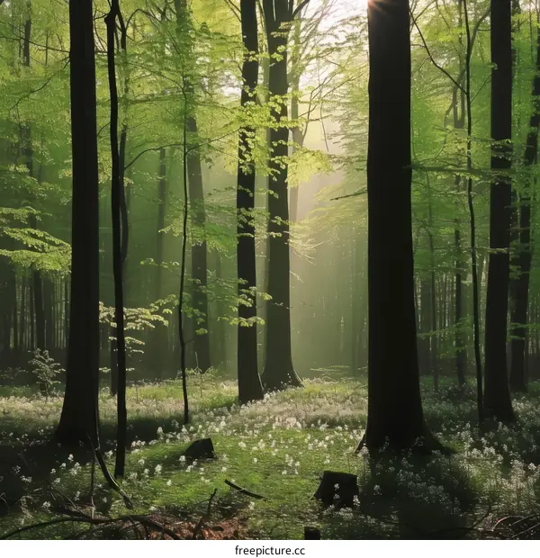 Green leaves and white flowers in the forest