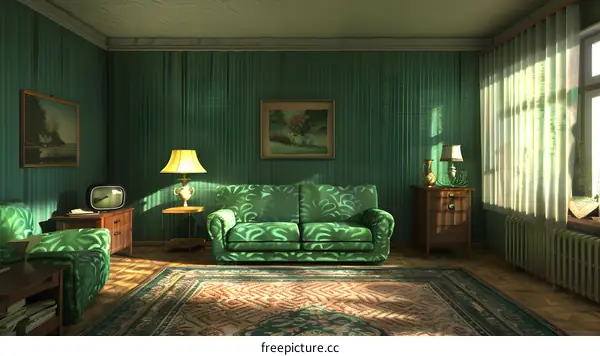 Green Living Room with Vintage Furniture and Sofa