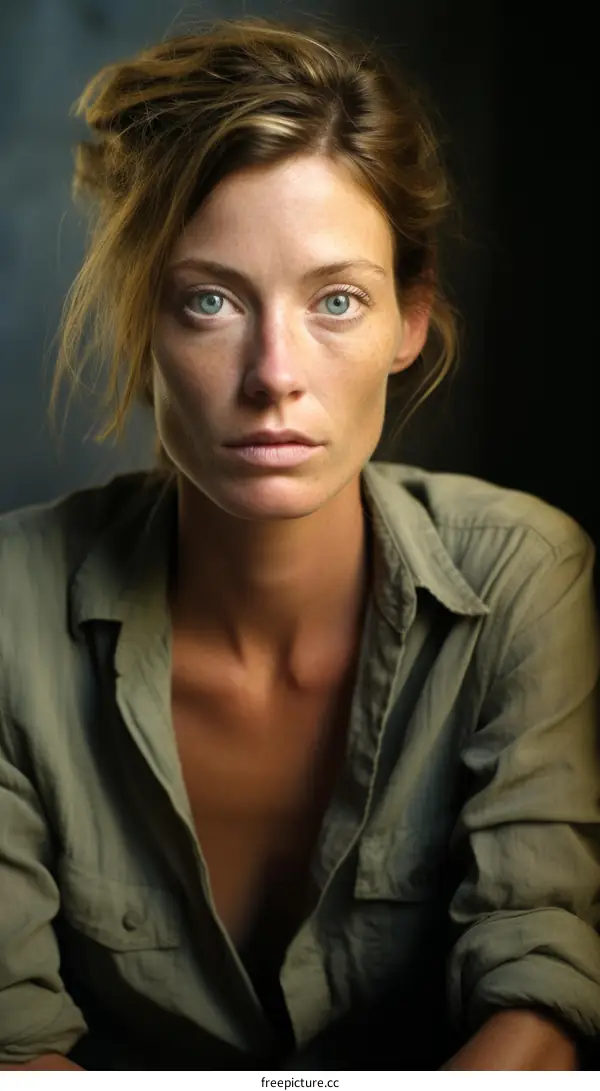 Portrait of a young woman with green eyes and freckles