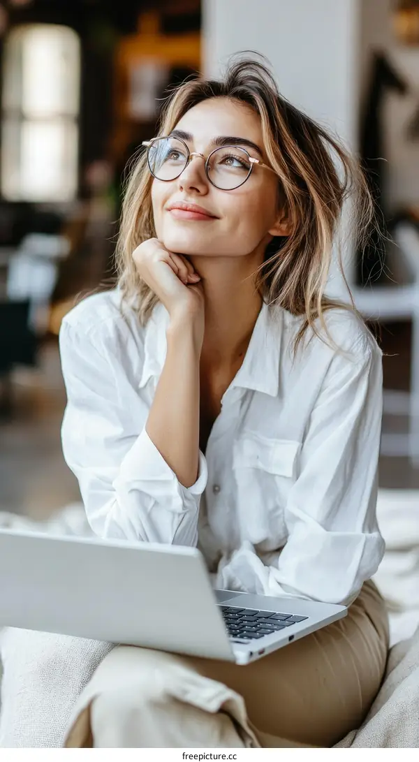 Woman Working on Laptop in a Cafe