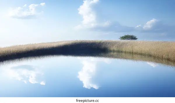 Peaceful Reflection of Sky and Clouds on Calm Water