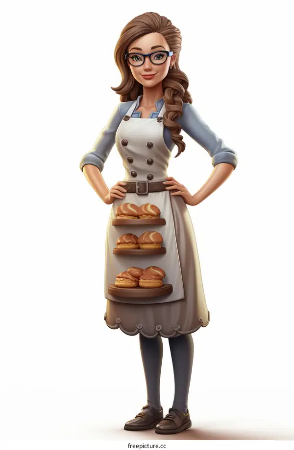Confident female baker with brown hair, apron filled with bread