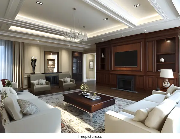 Modern Living Room Interior Design With Fireplace And Chandelier