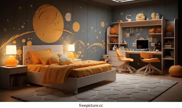A bedroom with a space theme