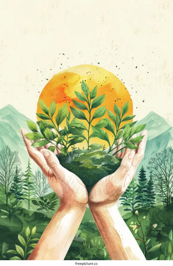 Hands cradling the Earth with a large orange sun in the background and green mountains and trees in the foreground