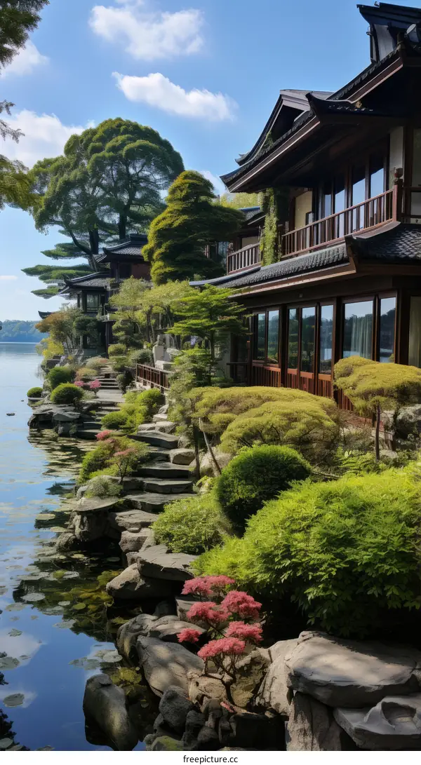 Oriental lake house with lush garden