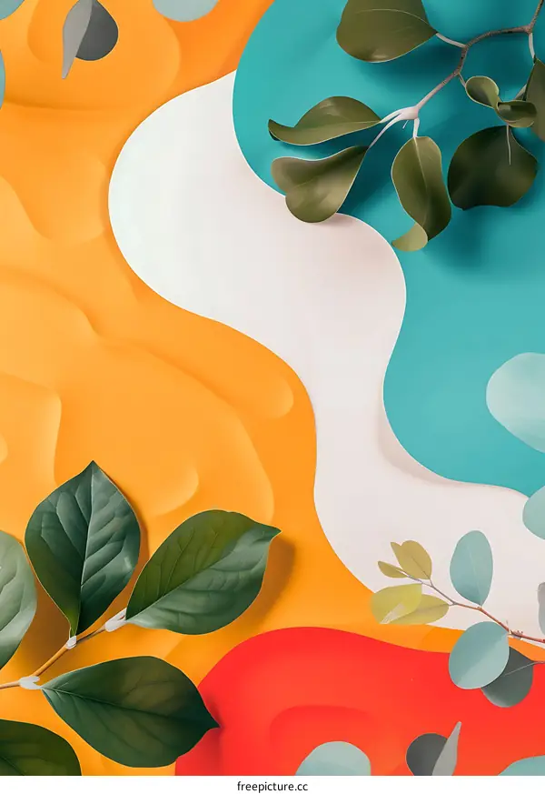 Abstract Background With Green Leaves and Colorful Shapes