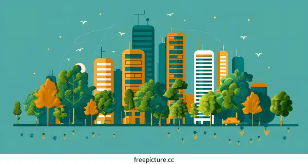 Cityscape Illustration With Green Trees And Buildings