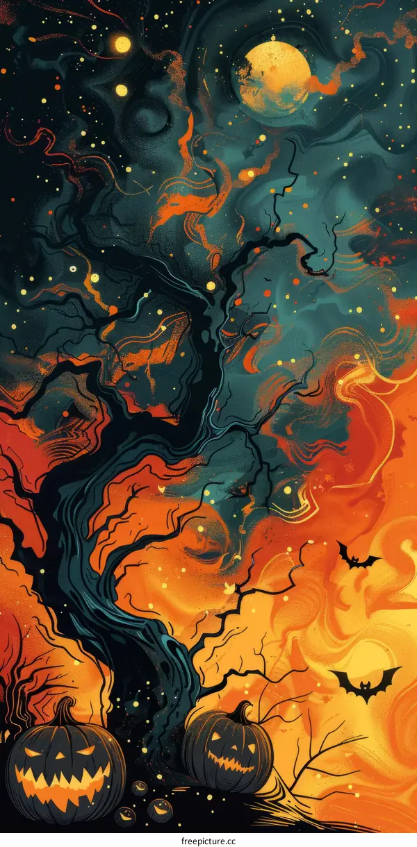 Spooky Tree with Pumpkins and Bats