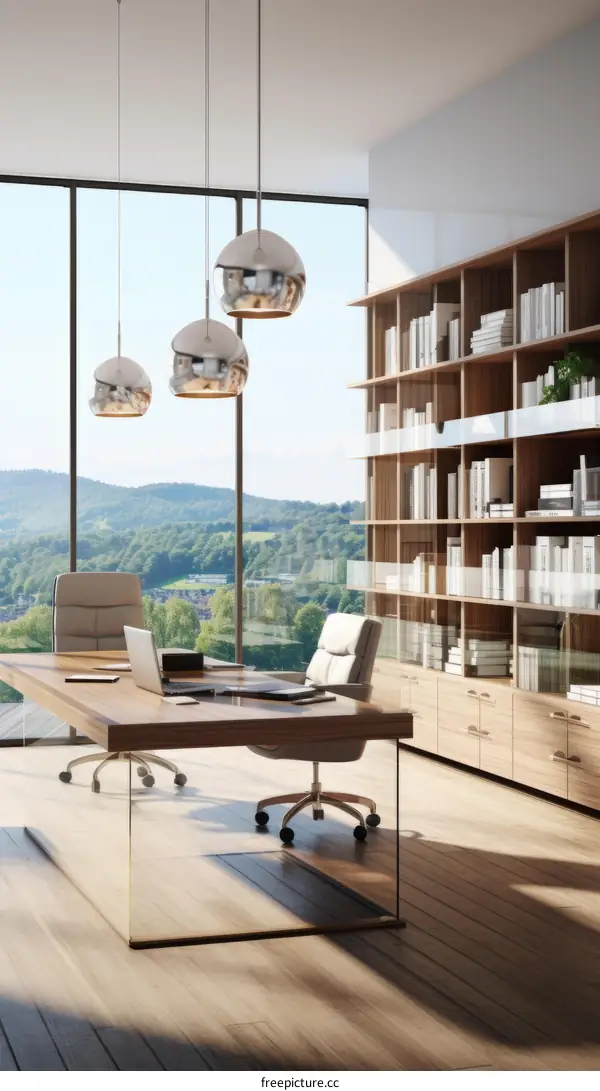 Modern office interior with large windows and a view of the city